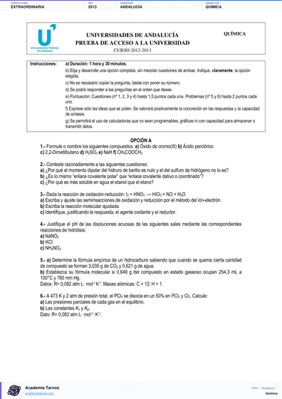 Vista previa de Examen PAU de Química de Andalucía 2013 – Extraordinaria
