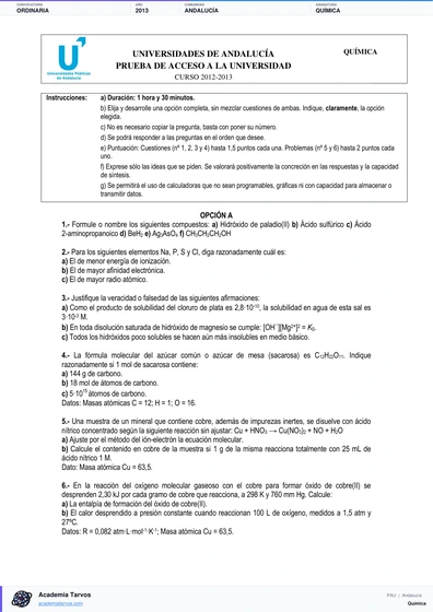 Vista previa de Examen PAU de Química de Andalucía 2013 – Ordinaria
