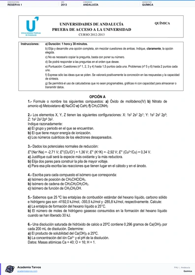 Vista previa de Examen PAU de Química de Andalucía 2013 – Reserva 1