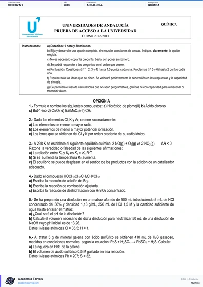 Vista previa de Examen PAU de Química de Andalucía 2013 – Reserva 2