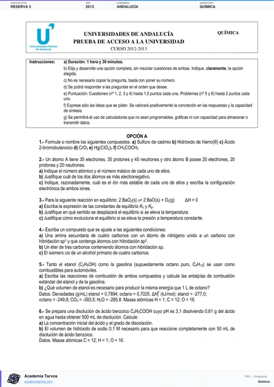 Vista previa de Examen PAU de Química de Andalucía 2013 – Reserva 3
