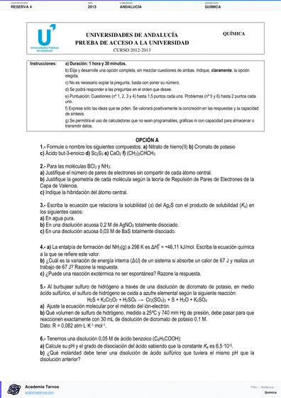 Vista previa de Examen PAU de Química de Andalucía 2013 – Reserva 4