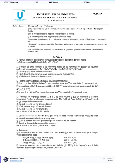 Vista previa de Examen PAU de Química de Andalucía 2014 – Extraordinaria