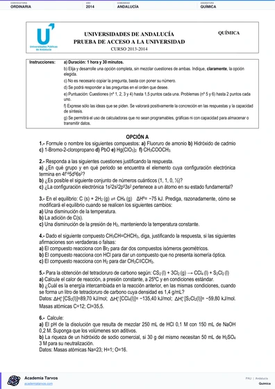 Vista previa de Examen PAU de Química de Andalucía 2014 – Ordinaria