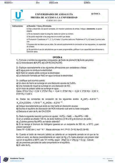 Vista previa de Examen PAU de Química de Andalucía 2014 – Reserva 1