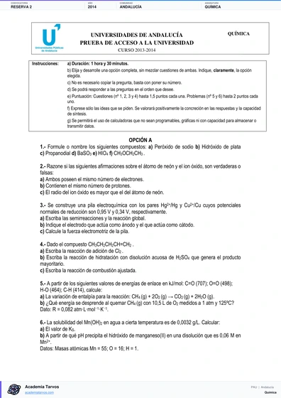 Vista previa de Examen PAU de Química de Andalucía 2014 – Reserva 2