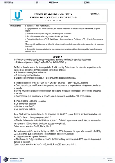 Vista previa de Examen PAU de Química de Andalucía 2014 – Reserva 3