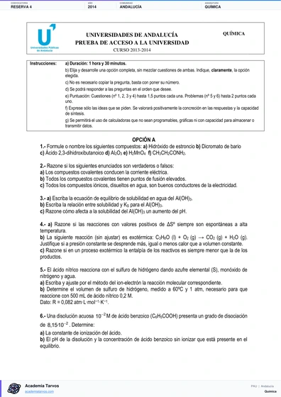 Vista previa de Examen PAU de Química de Andalucía 2014 – Reserva 4