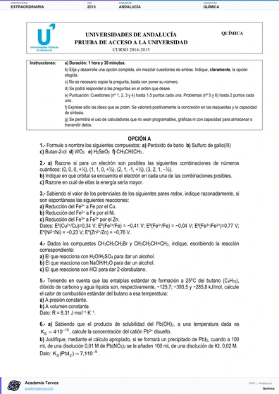 Vista previa de Examen PAU de Química de Andalucía 2015 – Extraordinaria