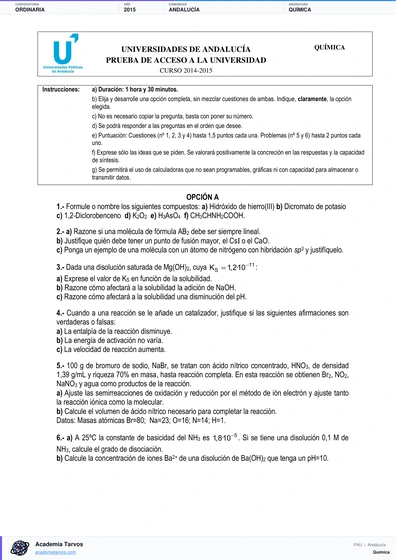 Vista previa de Examen PAU de Química de Andalucía 2015 – Ordinaria