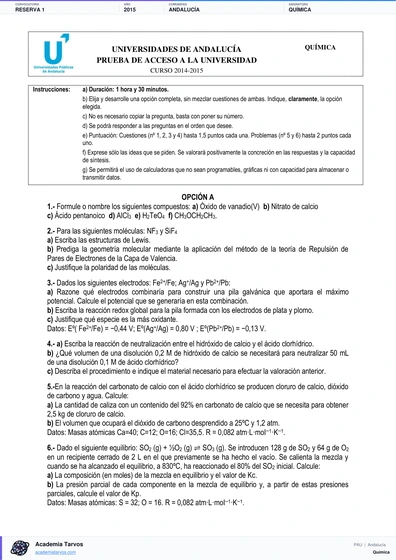 Vista previa de Examen PAU de Química de Andalucía 2015 – Reserva 1