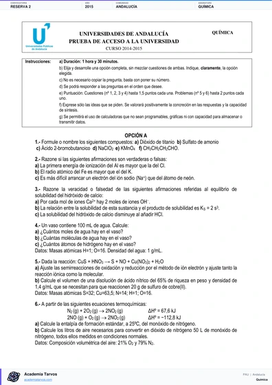 Vista previa de Examen PAU de Química de Andalucía 2015 – Reserva 2