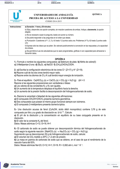 Vista previa de Examen PAU de Química de Andalucía 2015 – Reserva 3
