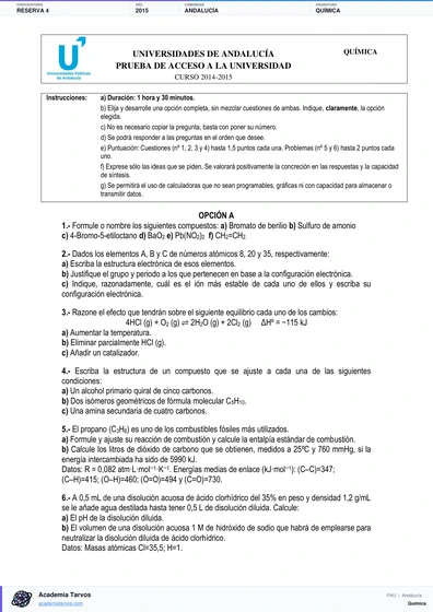 Vista previa de Examen PAU de Química de Andalucía 2015 – Reserva 4
