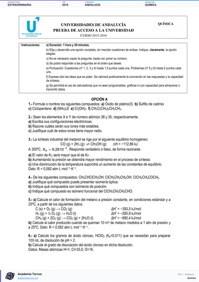 Vista previa de Examen PAU de Química de Andalucía 2016 – Extraordinaria