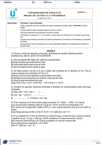 Vista previa de Examen PAU de Química de Andalucía 2016 – Ordinaria