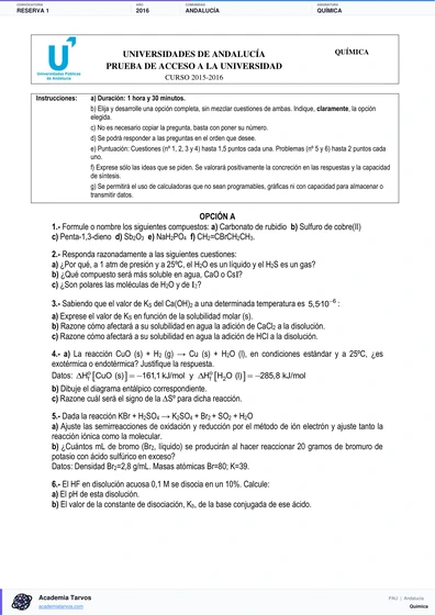 Vista previa de Examen PAU de Química de Andalucía 2016 – Reserva 1