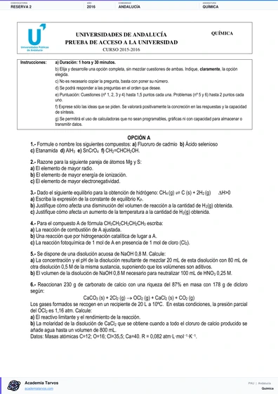 Vista previa de Examen PAU de Química de Andalucía 2016 – Reserva 2