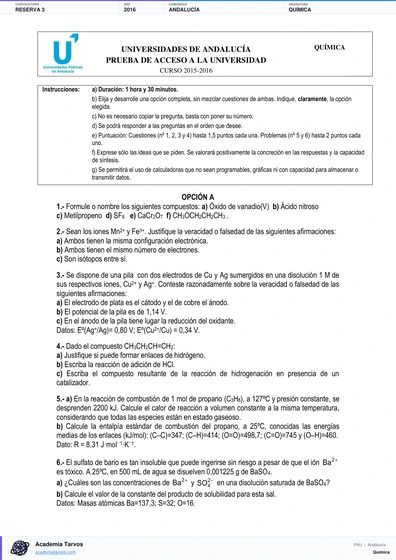 Vista previa de Examen PAU de Química de Andalucía 2016 – Reserva 3