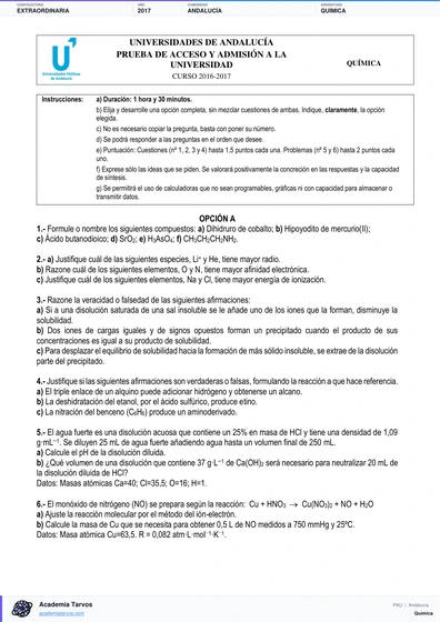 Vista previa de Examen PAU de Química de Andalucía 2017 – Extraordinaria