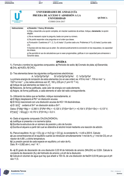 Vista previa de Examen PAU de Química de Andalucía 2017 – Ordinaria