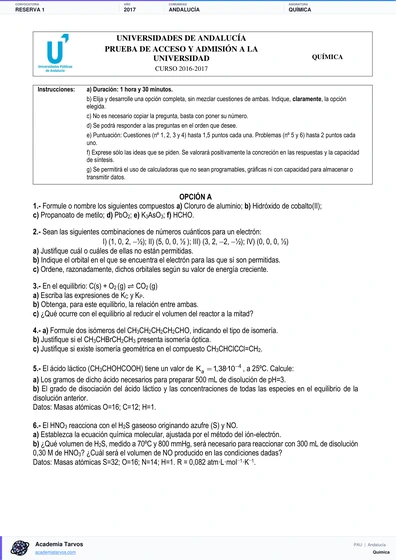 Vista previa de Examen PAU de Química de Andalucía 2017 – Reserva 1