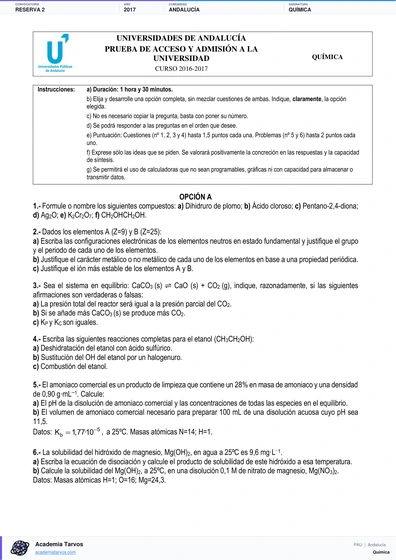 Vista previa de Examen PAU de Química de Andalucía 2017 – Reserva 2