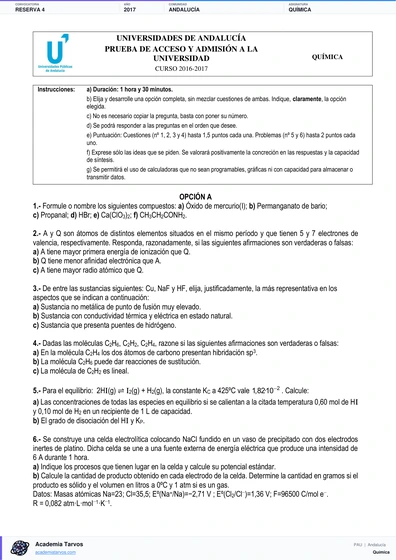 Vista previa de Examen PAU de Química de Andalucía 2017 – Reserva 4