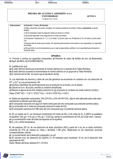 Vista previa de Examen PAU de Química de Andalucía 2018 – Ordinaria