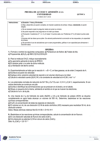 Vista previa de Examen PAU de Química de Andalucía 2018 – Reserva 1
