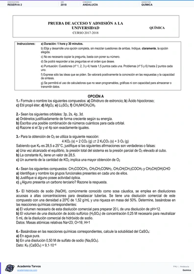Vista previa de Examen PAU de Química de Andalucía 2018 – Reserva 2