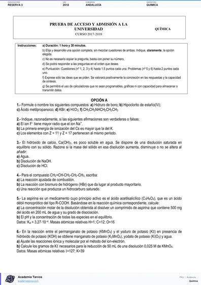 Vista previa de Examen PAU de Química de Andalucía 2018 – Reserva 3