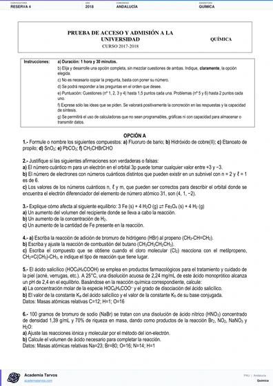 Vista previa de Examen PAU de Química de Andalucía 2018 – Reserva 4