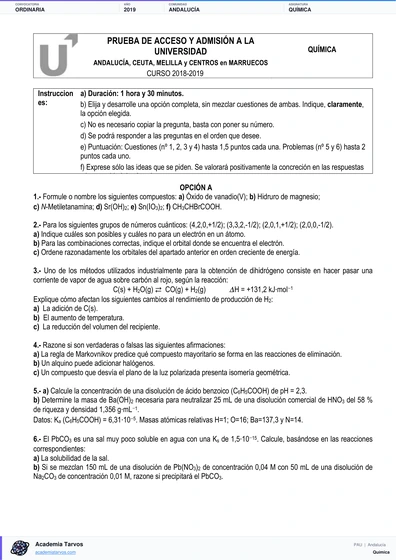 Vista previa de Examen PAU de Química de Andalucía 2019 – Ordinaria