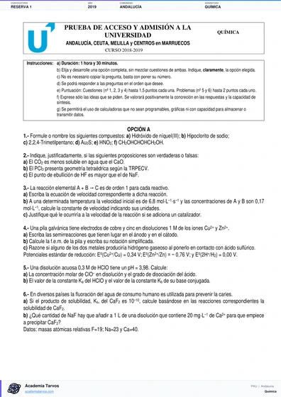 Vista previa de Examen PAU de Química de Andalucía 2019 – Reserva 1