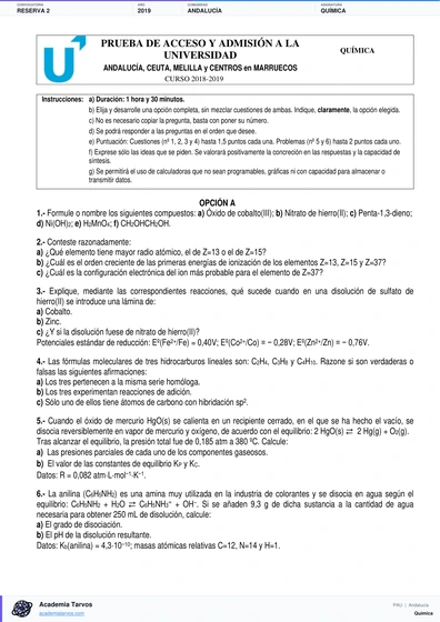 Vista previa de Examen PAU de Química de Andalucía 2019 – Reserva 2