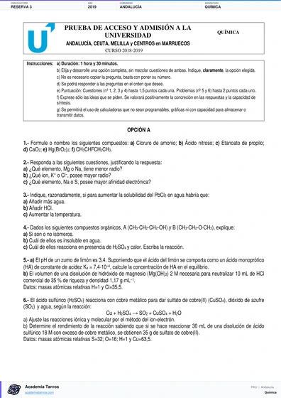 Vista previa de Examen PAU de Química de Andalucía 2019 – Reserva 3
