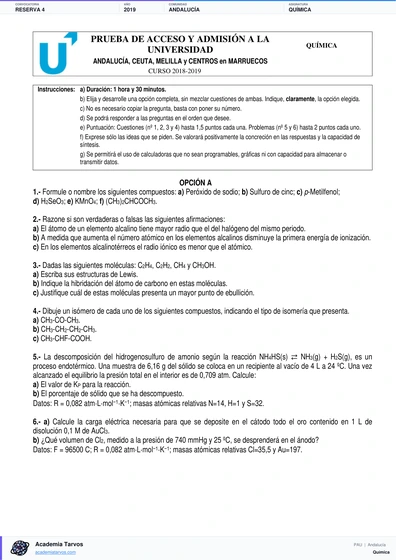 Vista previa de Examen PAU de Química de Andalucía 2019 – Reserva 4