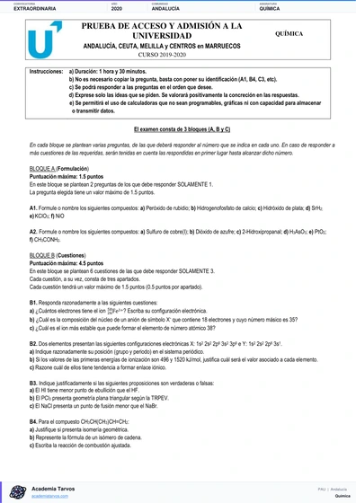 Vista previa de Examen PAU de Química de Andalucía 2020 – Extraordinaria