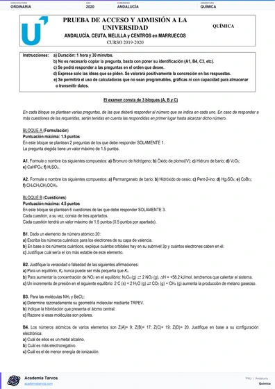 Vista previa de Examen PAU de Química de Andalucía 2020 – Ordinaria