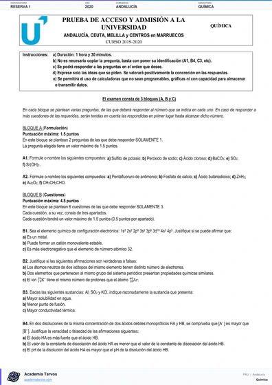 Vista previa de Examen PAU de Química de Andalucía 2020 – Reserva 1