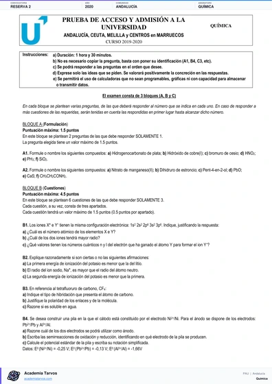 Vista previa de Examen PAU de Química de Andalucía 2020 – Reserva 2