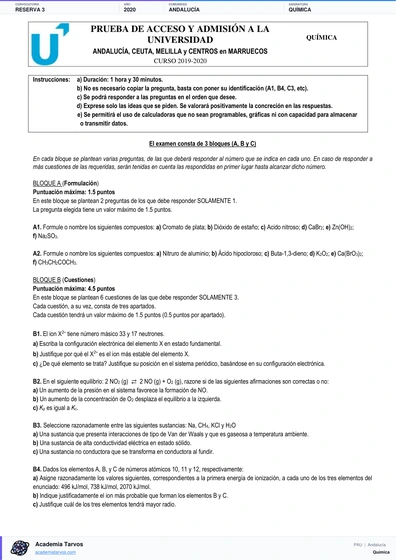 Vista previa de Examen PAU de Química de Andalucía 2020 – Reserva 3