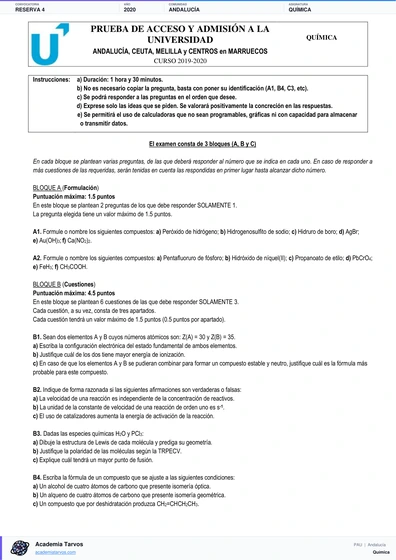 Vista previa de Examen PAU de Química de Andalucía 2020 – Reserva 4