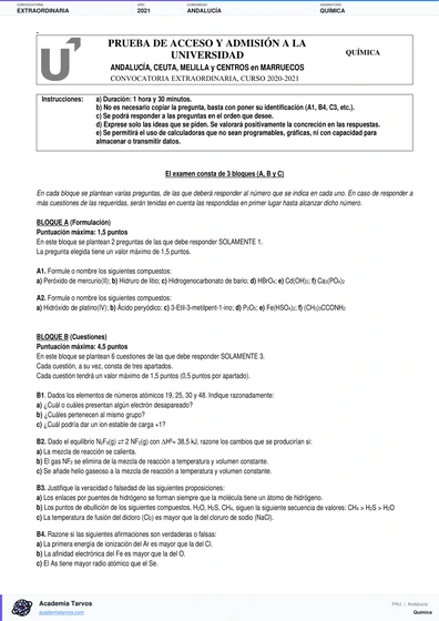 Vista previa de Examen PAU de Química de Andalucía 2021 – Extraordinaria