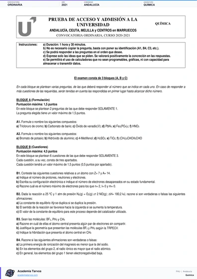 Vista previa de Examen PAU de Química de Andalucía 2021 – Ordinaria
