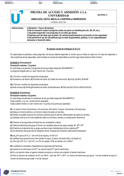 Vista previa de Examen PAU de Química de Andalucía 2021 – Reserva 1