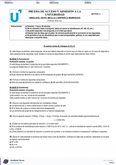 Vista previa de Examen PAU de Química de Andalucía 2021 – Reserva 2