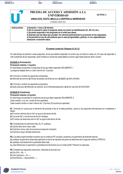 Vista previa de Examen PAU de Química de Andalucía 2021 – Reserva 3