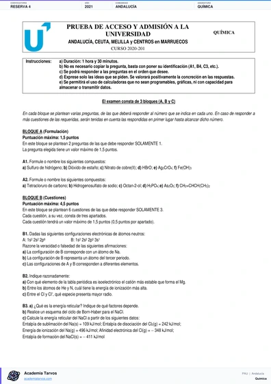 Vista previa de Examen PAU de Química de Andalucía 2021 – Reserva 4